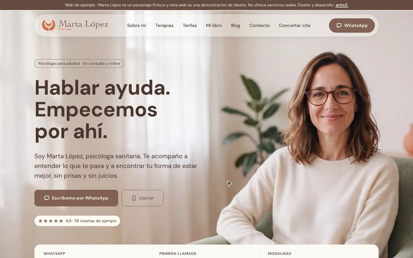 Página de inicio de la web de ejemplo de Marta López, psicóloga